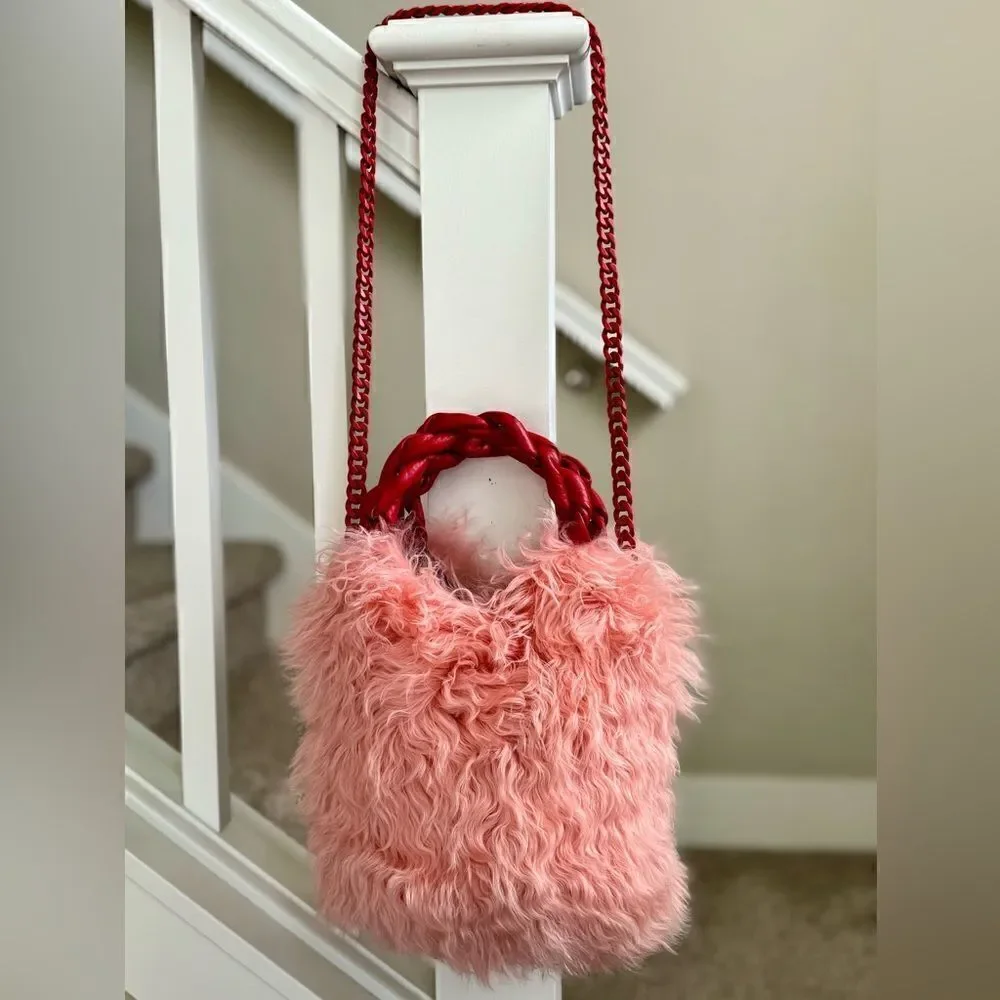 Genuine Curly Lamb Fur Handmade Leather Braided Handles Tote Bag, Crossbody